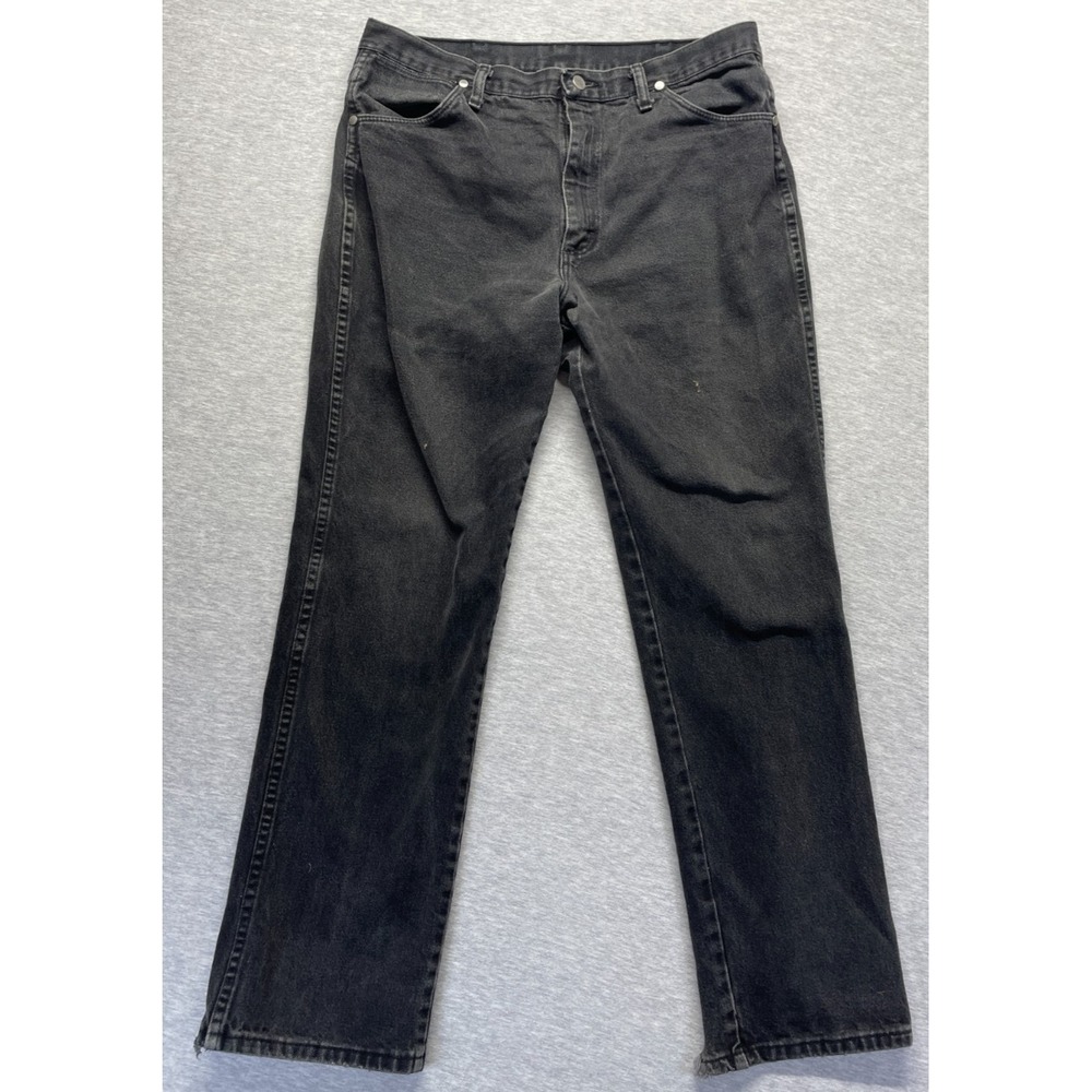 VTG Wrangler Jeans Men 36x32 Black Denim Dark Wash Mid Rise Straight Leg Raw Hem